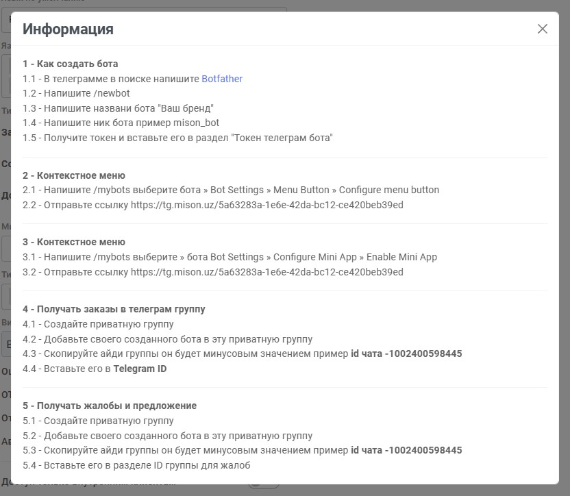 Окно Информация с инструкцией по настройке телеграм-бота
