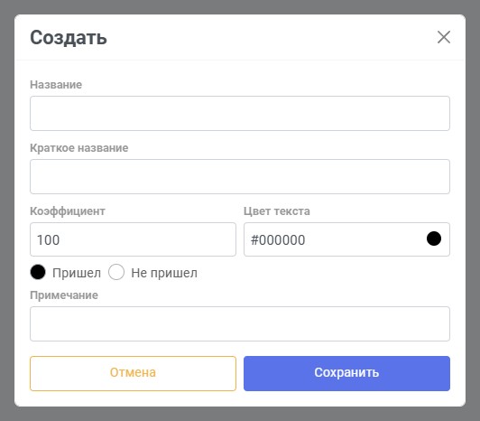 Форма создания типа явки с нумерацией элементов